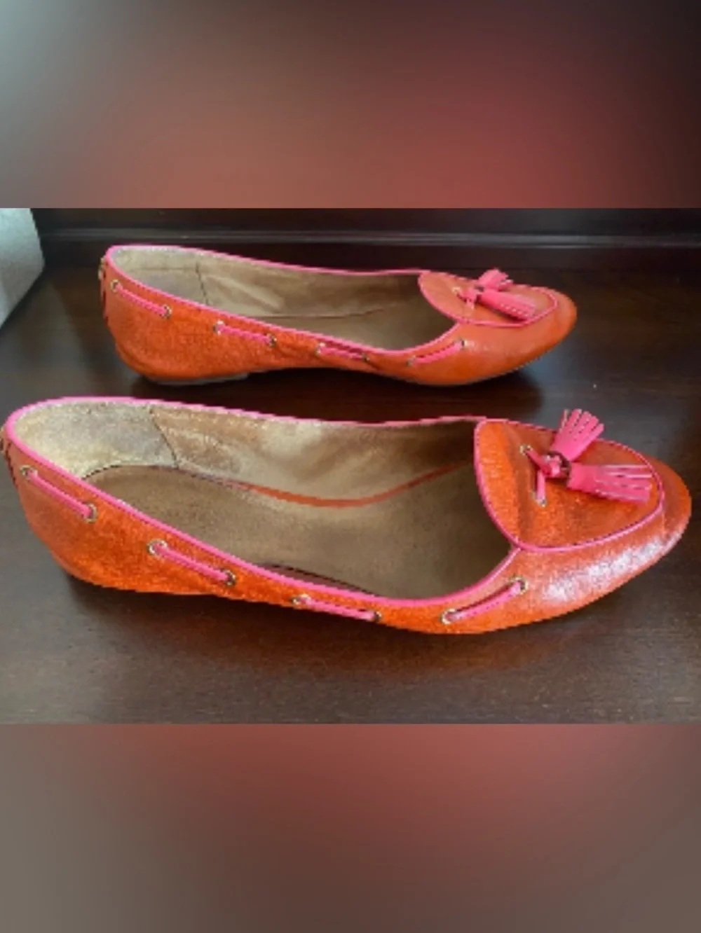 Coach Orange Loafers with Pink Tassels